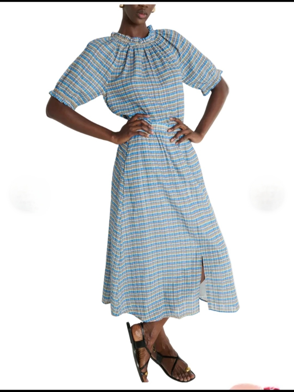 Light Blue Plaid Maxi Dress with Smocked Neckline